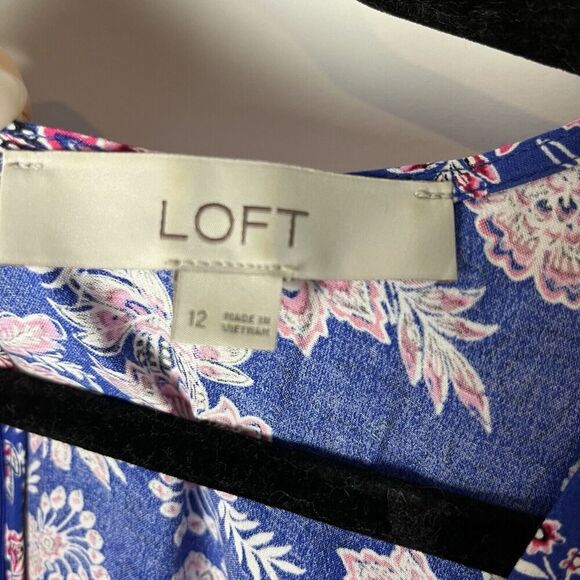 LOFT Dress Womens 12 Blue Floral Print Puff Sleeve Midi Scoop Neck​ - Picture 3 of 9